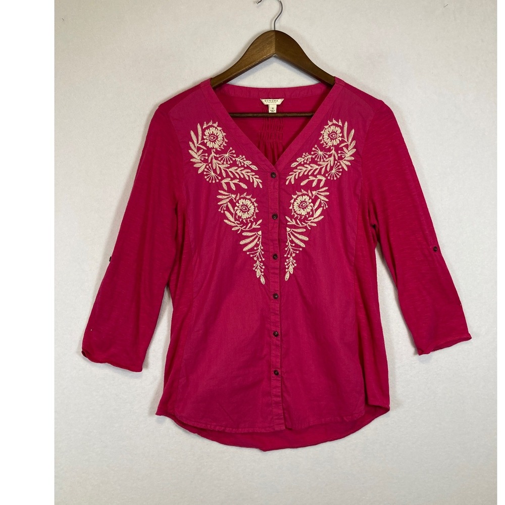 Artisan Boho Sonoma Life + Style Women Med Fuchsia Pink Embroidered Roll Tab Top